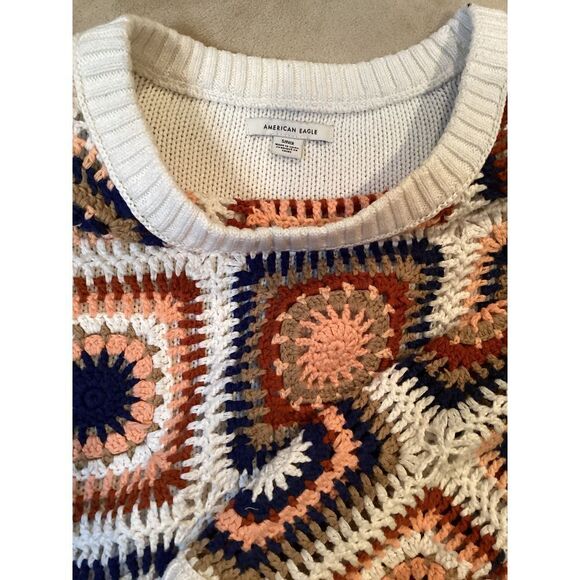 Zara Crochet Granny Square Crewneck Sweater Boho Chic Colorful Knit Pullover - Picture 4 of 6